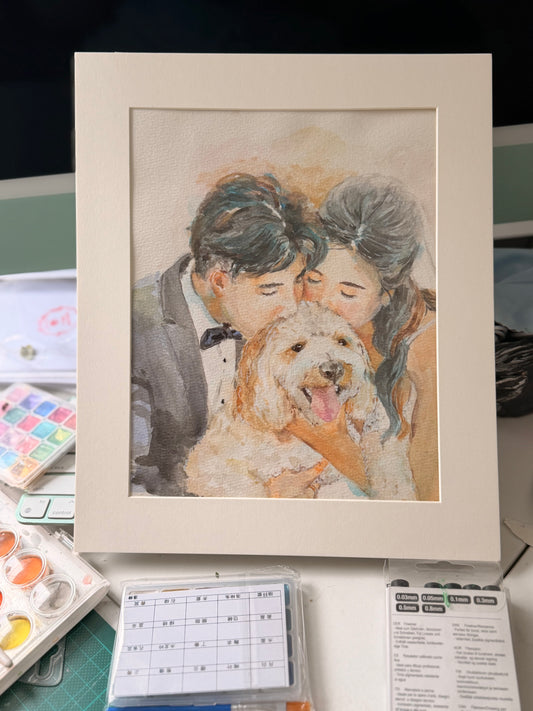 Customize Owner and Pet Portrait in Water Color 22cm x 24cm